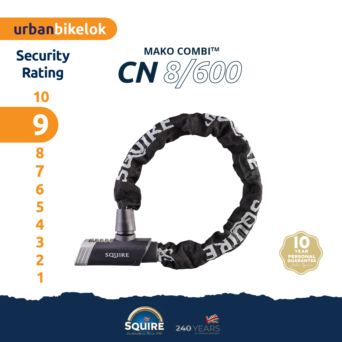 Squire MAKO Bike Combination Chain Lock |  Mako Combi CN 8/600 spec