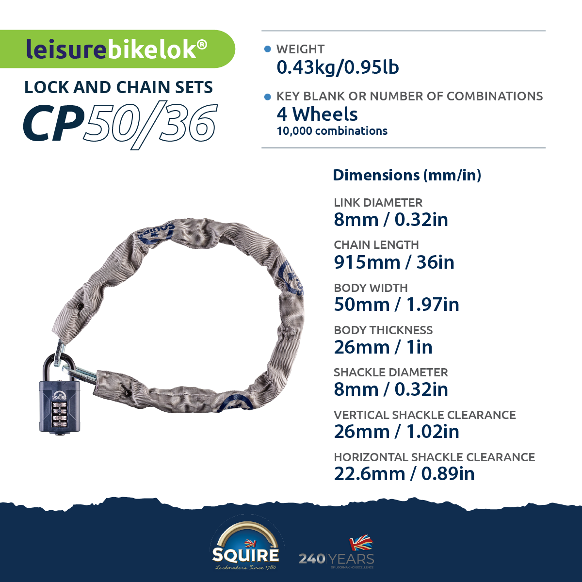 Weathershield™ Combination Padlock and Chain | 4-Wheel | 36 Chain | CP50/36