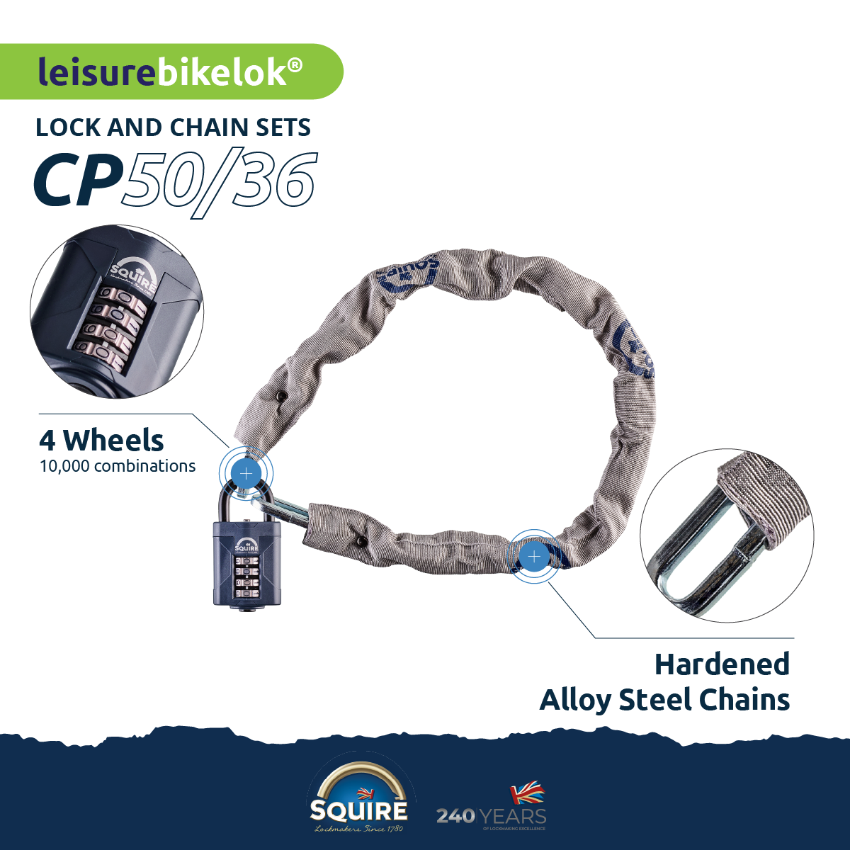 Weathershield™ Combination Padlock and Chain | 4-Wheel | 36 Chain | CP50/36