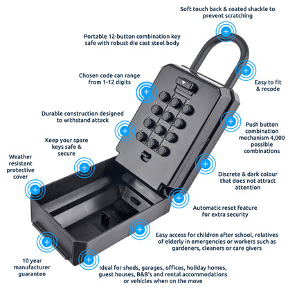 Squire KeyKeep 2PB Portable Push Button Key Safe | 4,000 Combination Codes | Weather Resistant Steel Key Lock Box