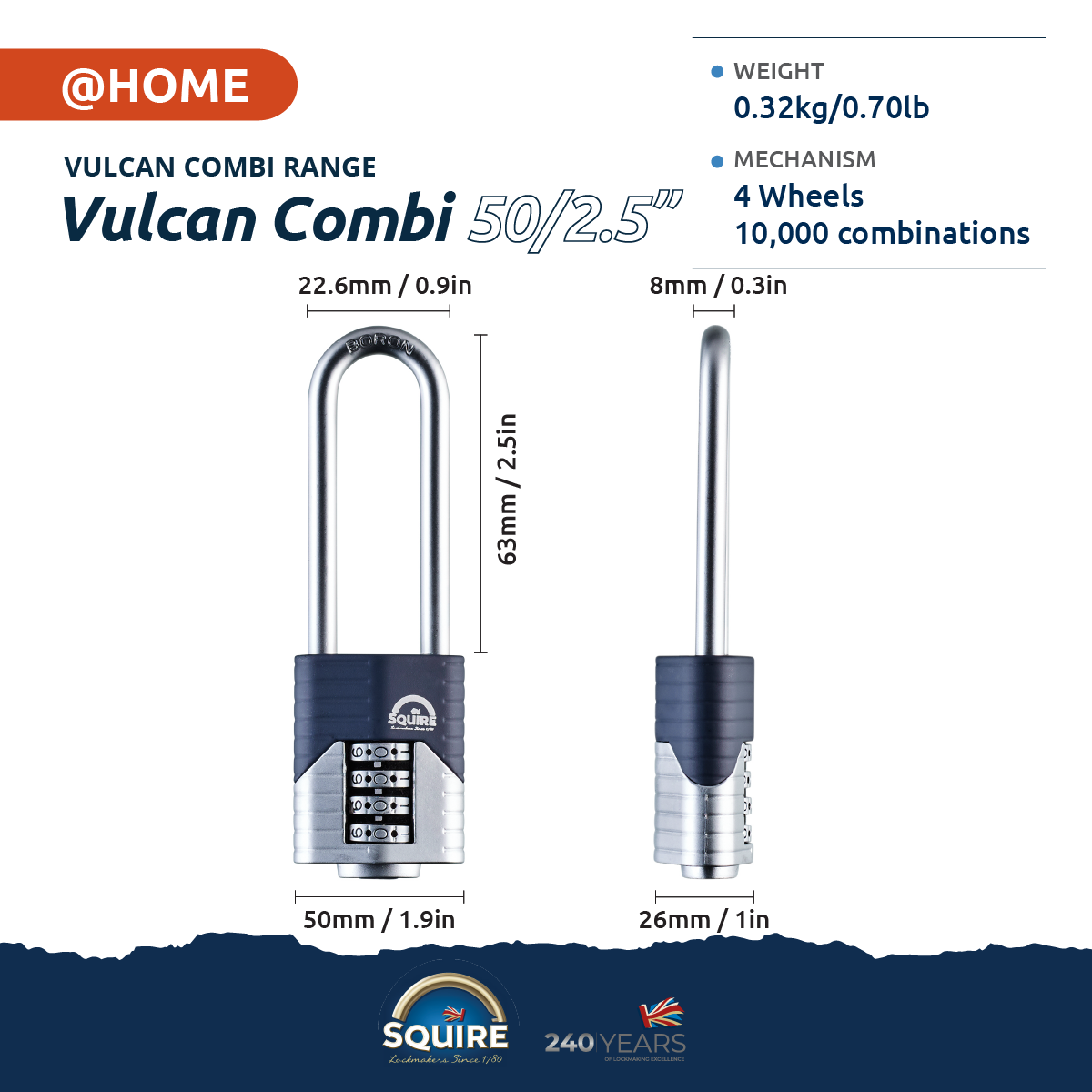 Squire Long Open Shackle Combination Padlock | Vulcan Combi 50/2.5 spec