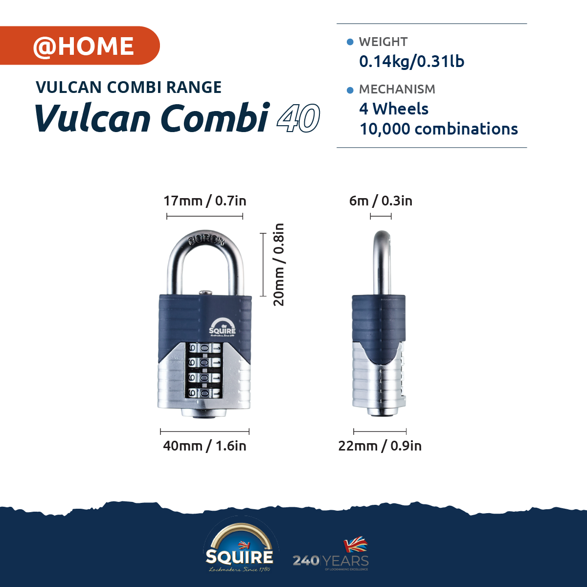 Vulcan Combi 40 Open Shackle | Boron Hardened Steel Combination Padlock