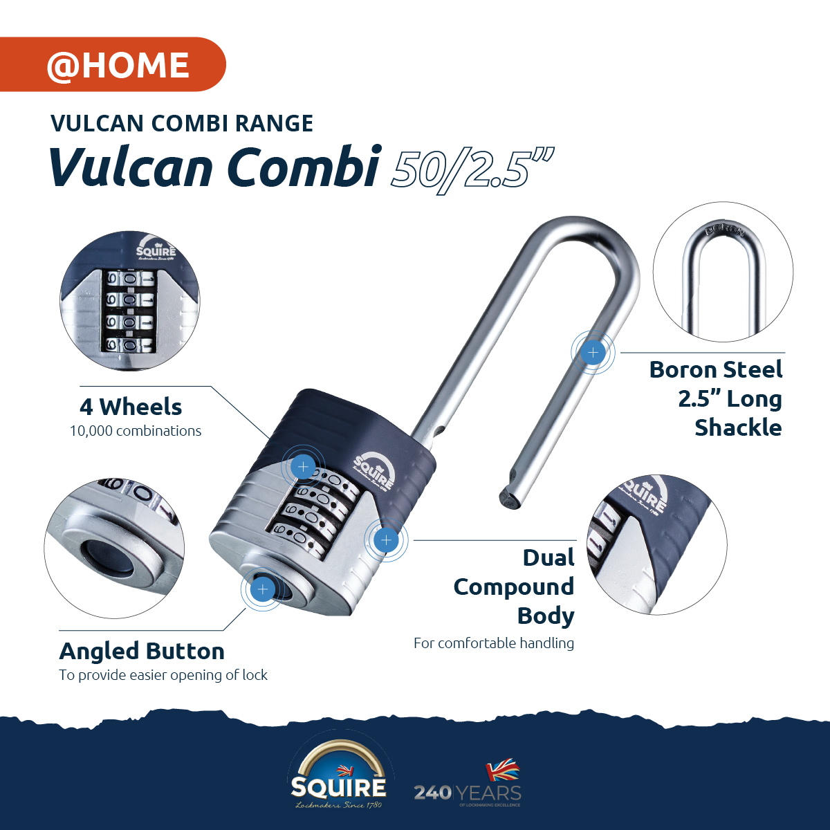 Squire Long Open Shackle Combination Padlock | Vulcan Combi 50/2.5 spec