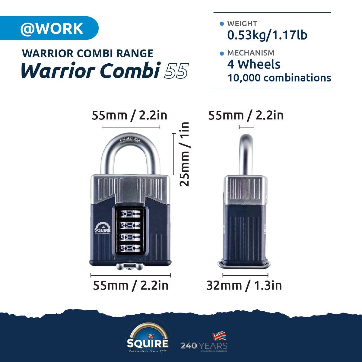 Warrior® Open Shackle Combination Padlock | Boron Steel | Combi 55