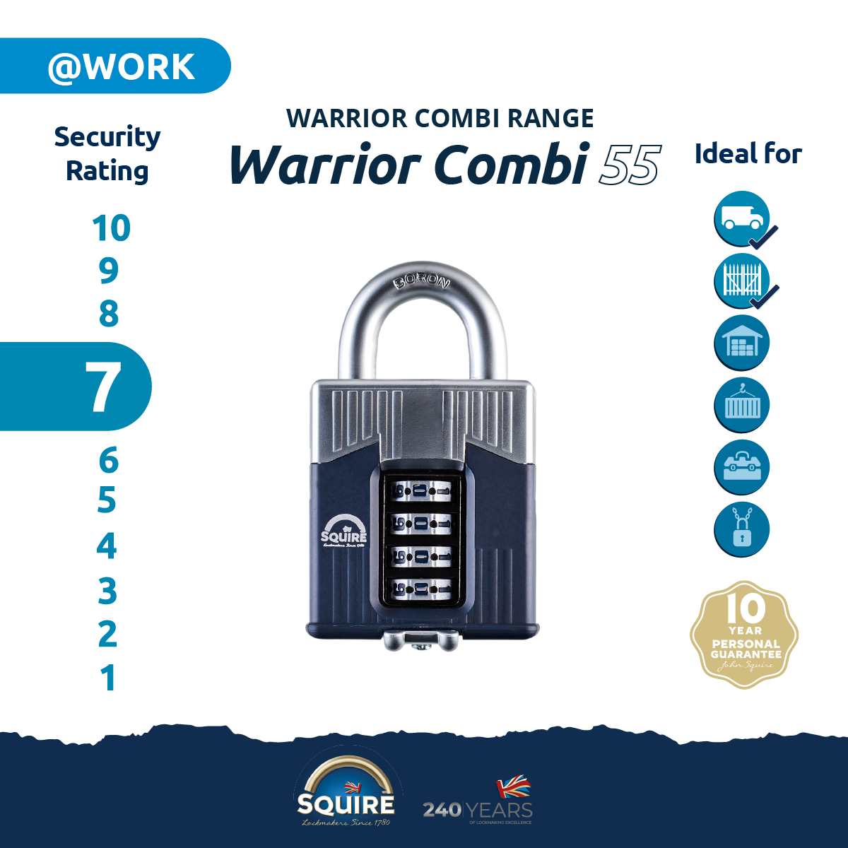 Warrior® Open Shackle Combination Padlock | Boron Steel | Combi 55