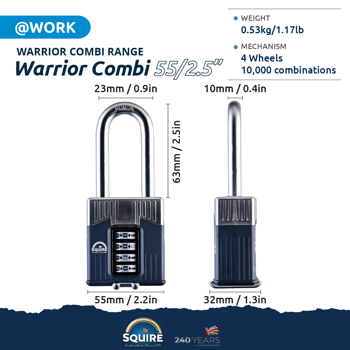 Warrior® Long Open Shackle Combination Padlock | Boron Steel | Combi 55/2.5