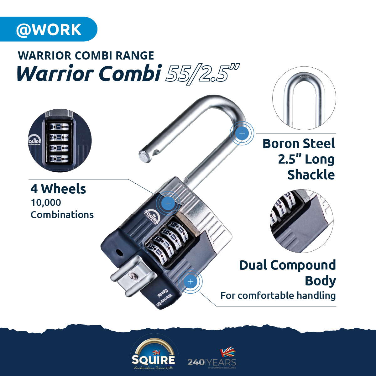 Warrior® Long Open Shackle Combination Padlock | Boron Steel | Combi 55/2.5