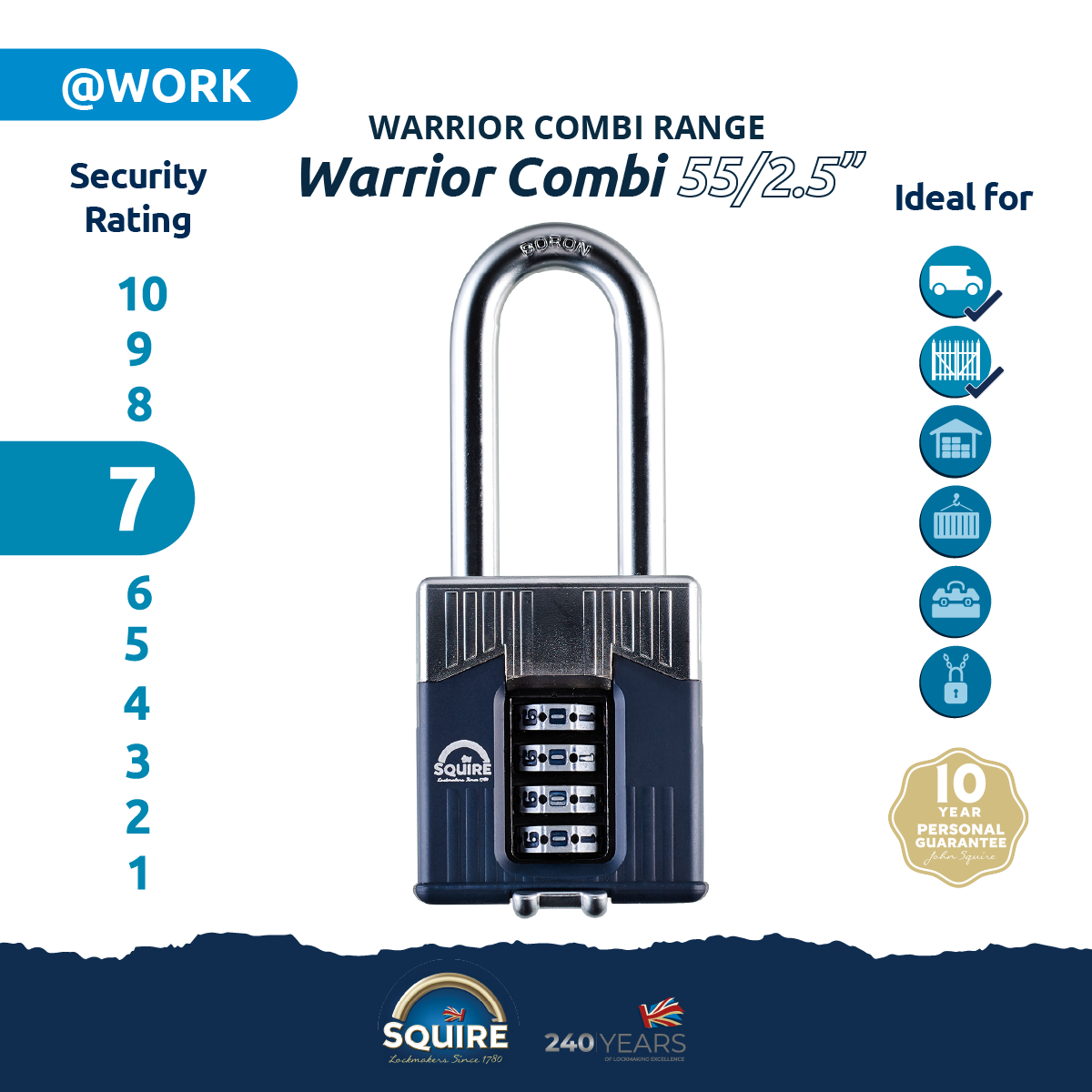 Warrior® Long Open Shackle Combination Padlock | Boron Steel | Combi 55/2.5