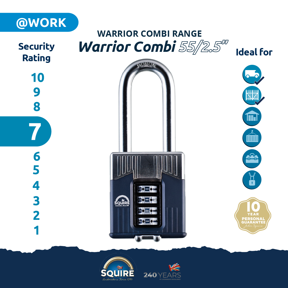 Warrior® Combi 55/2.5 Long Shackle Heavy Duty Padlock