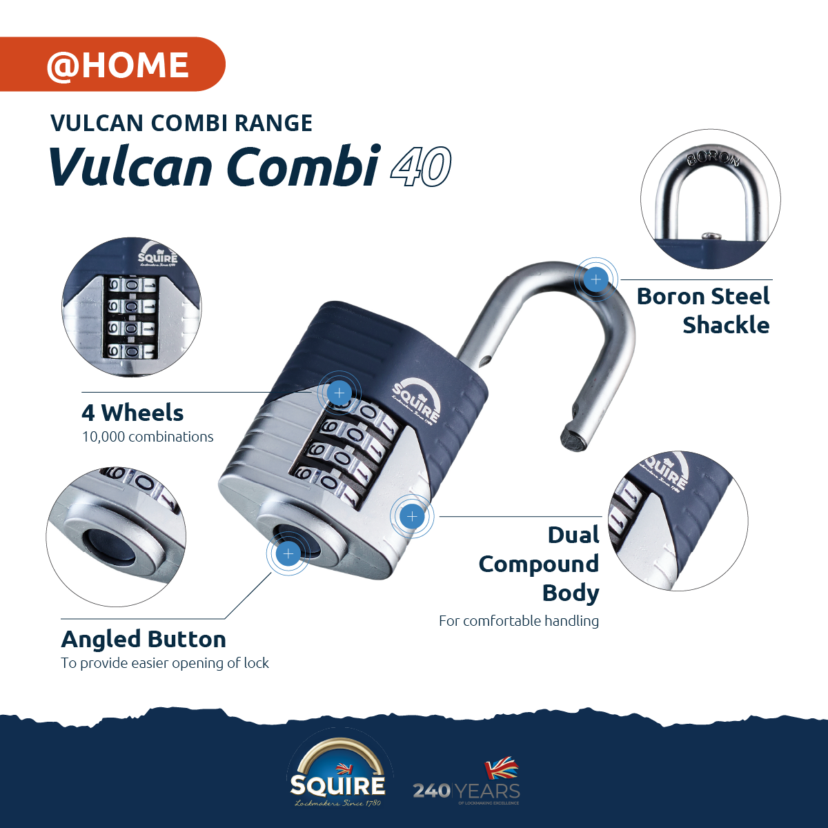 Vulcan Combi 40 Open Shackle | Boron Hardened Steel Combination Padlock