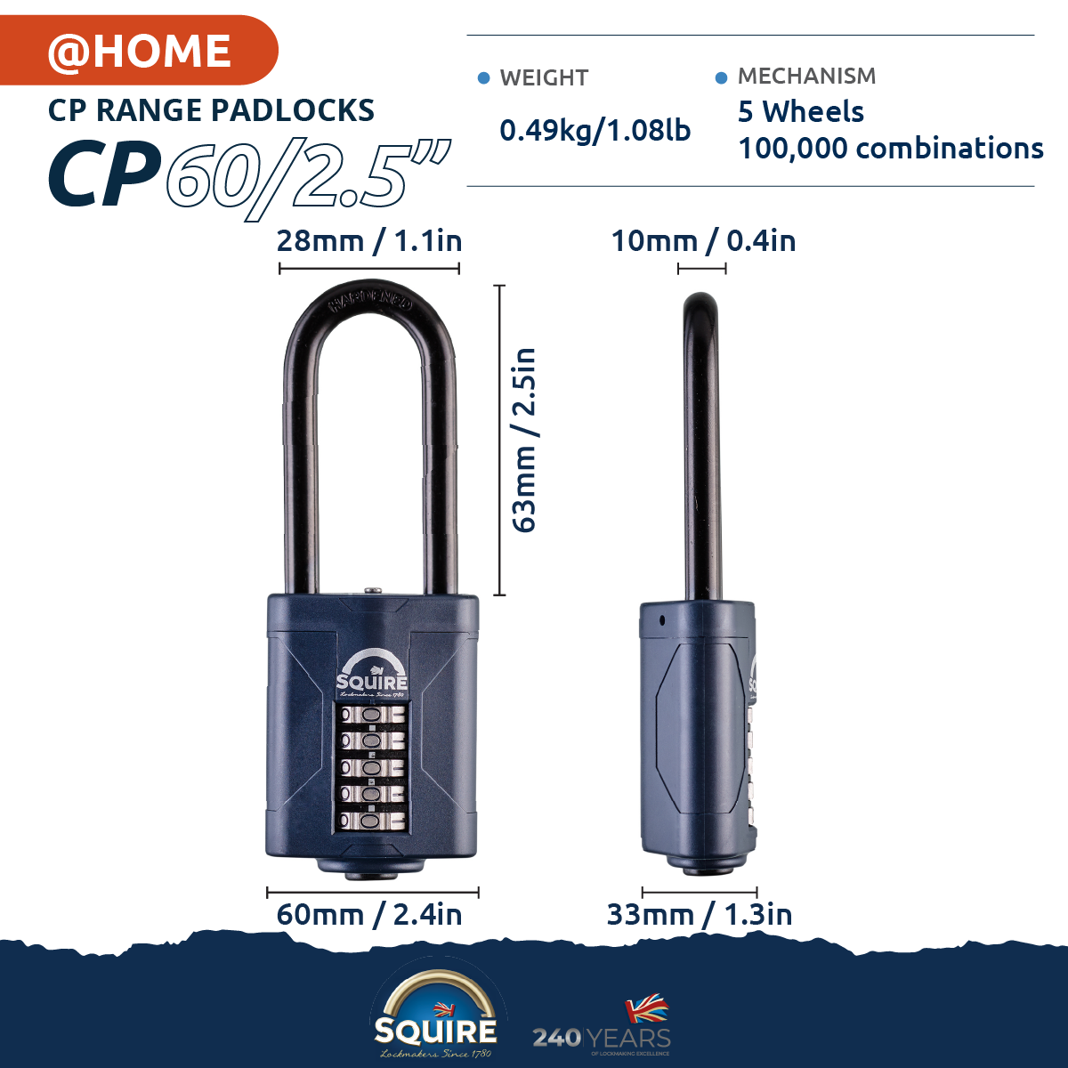 Weathershield™ Long Shackle Combination Padlock | 5-Wheel | CP60/2.5