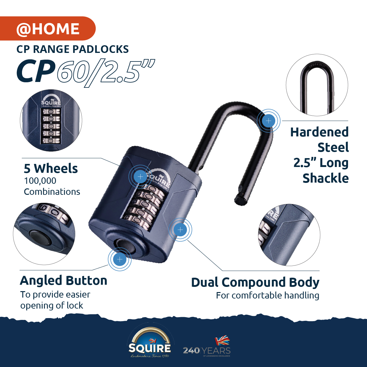 Weathershield™ Long Shackle Combination Padlock | 5-Wheel | CP60/2.5