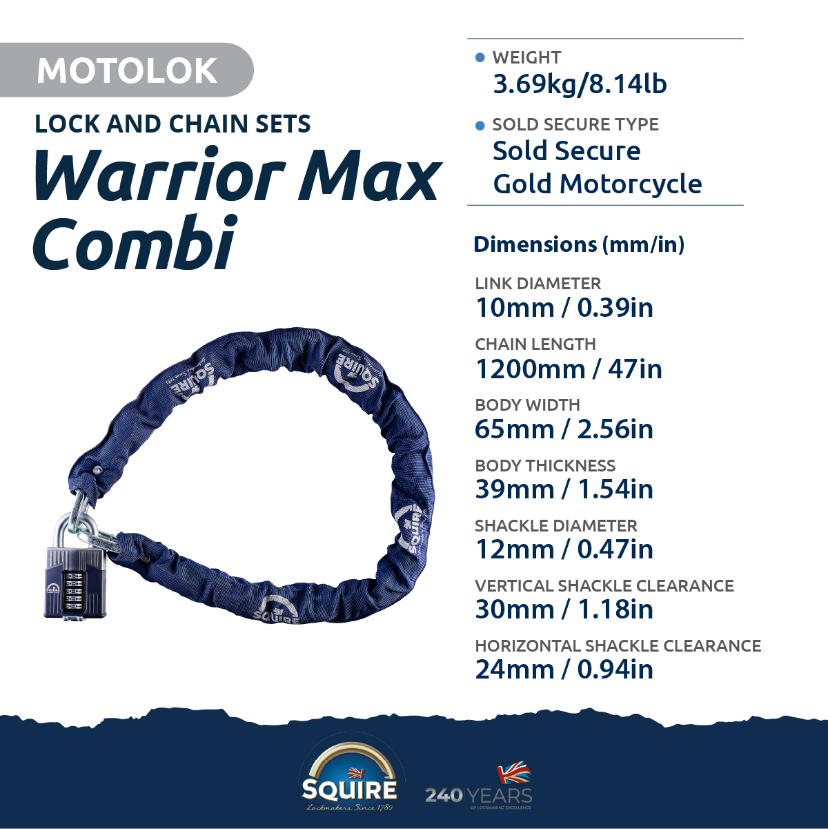 Warrior® Combination Padlock and Chain | 5 Wheel | Warrior Combi Max