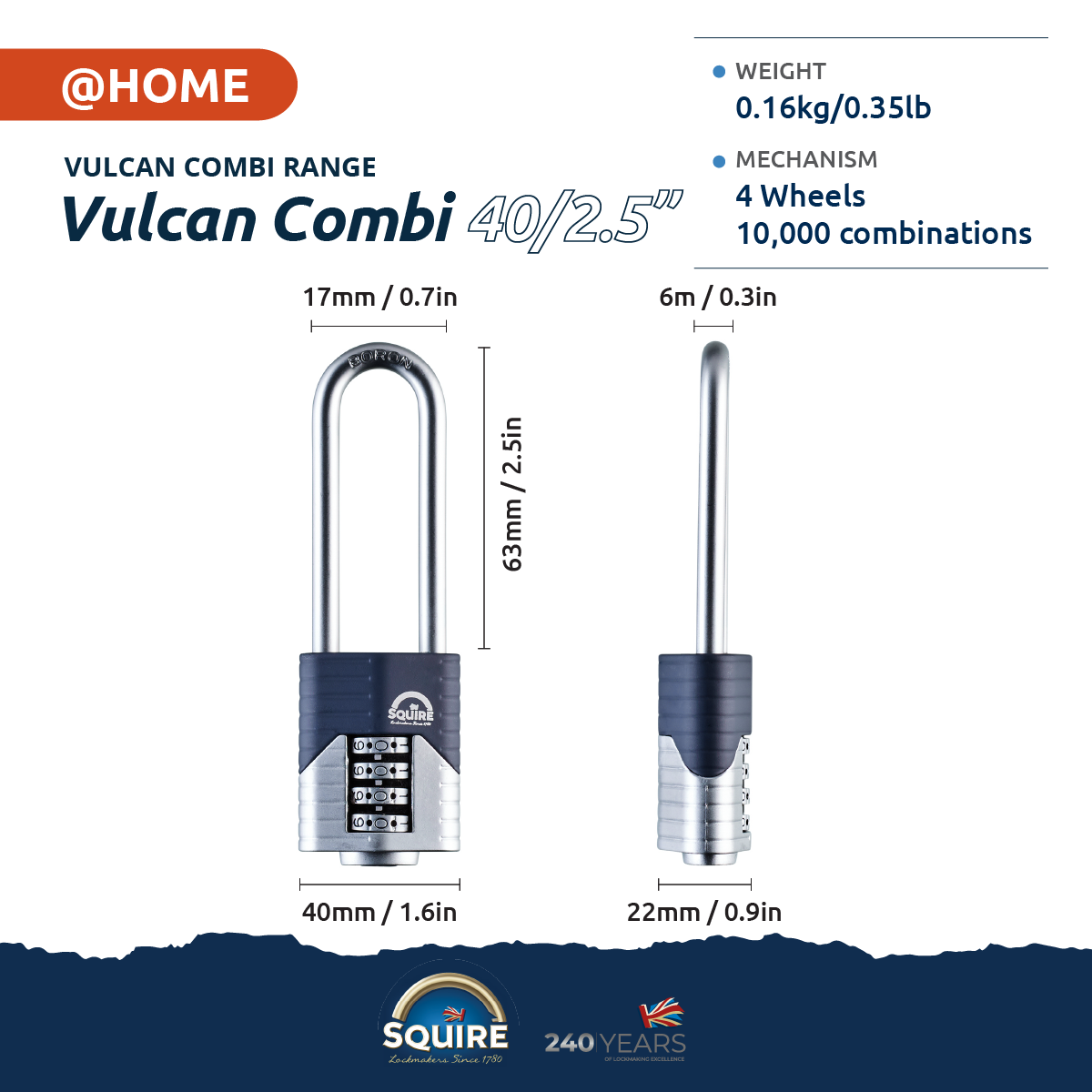 Squire Long Open Shackle Combination Padlock | Vulcan Combi 40/2.5 spec