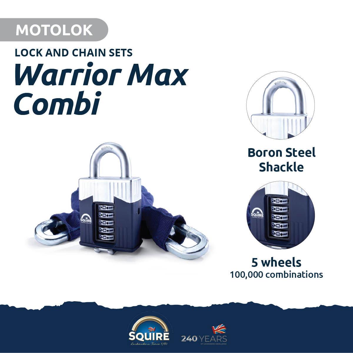 Warrior® Combination Padlock and Chain | 5 Wheel | Warrior Combi Max