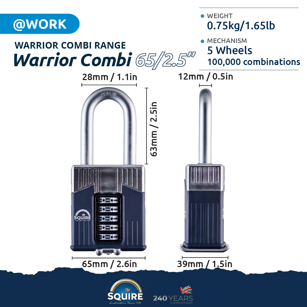 Warrior® Open Long Shackle Combination Padlock | Boron Steel | Combi 65/2.5