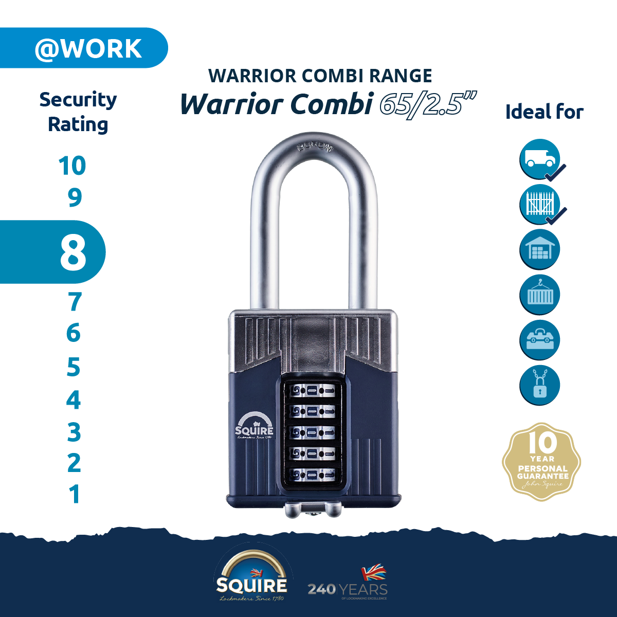 Warrior® Open Long Shackle Combination Padlock | Boron Steel | Combi 65/2.5