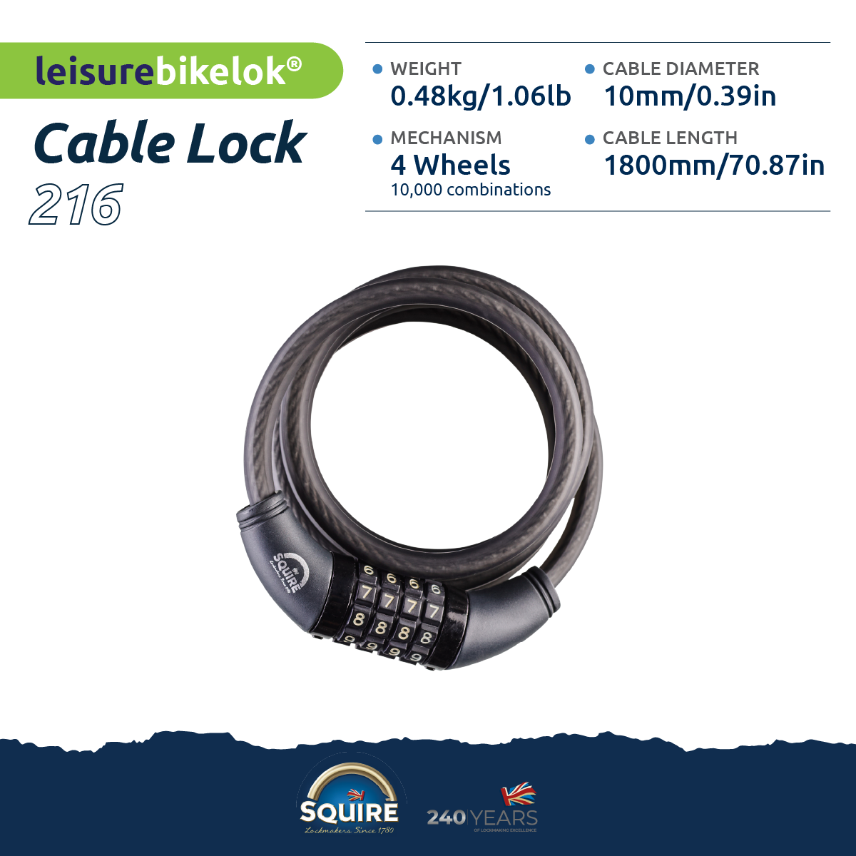 Squire Locks integrated Cable Lock product dimensions sheet