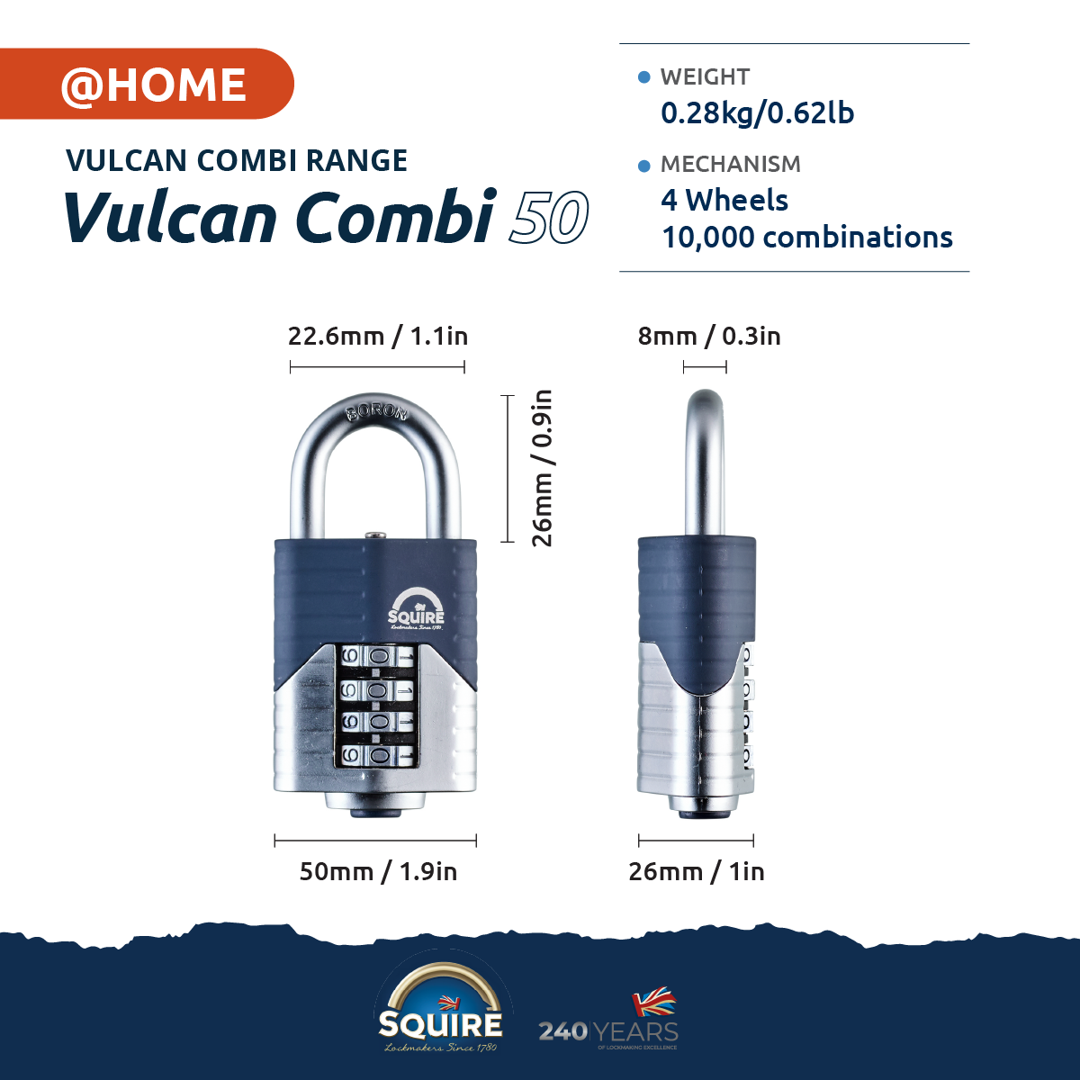 Vulcan Combi 40 Open Shackle | Boron Hardened Steel Combination Padlock
