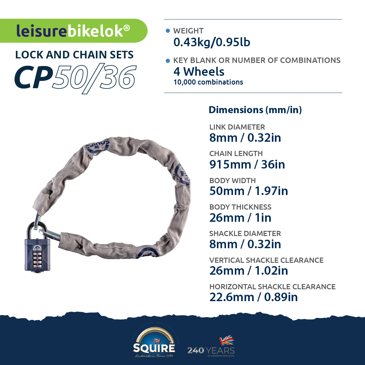 Squire CP50/36  Combination Padlock and Chain