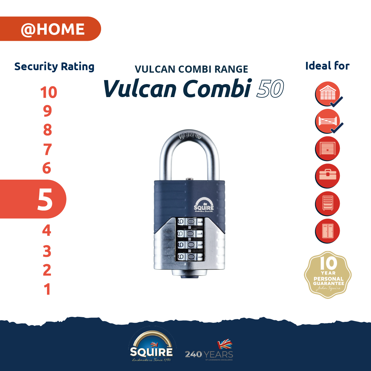 Vulcan Combi 40 Open Shackle | Boron Hardened Steel Combination Padlock