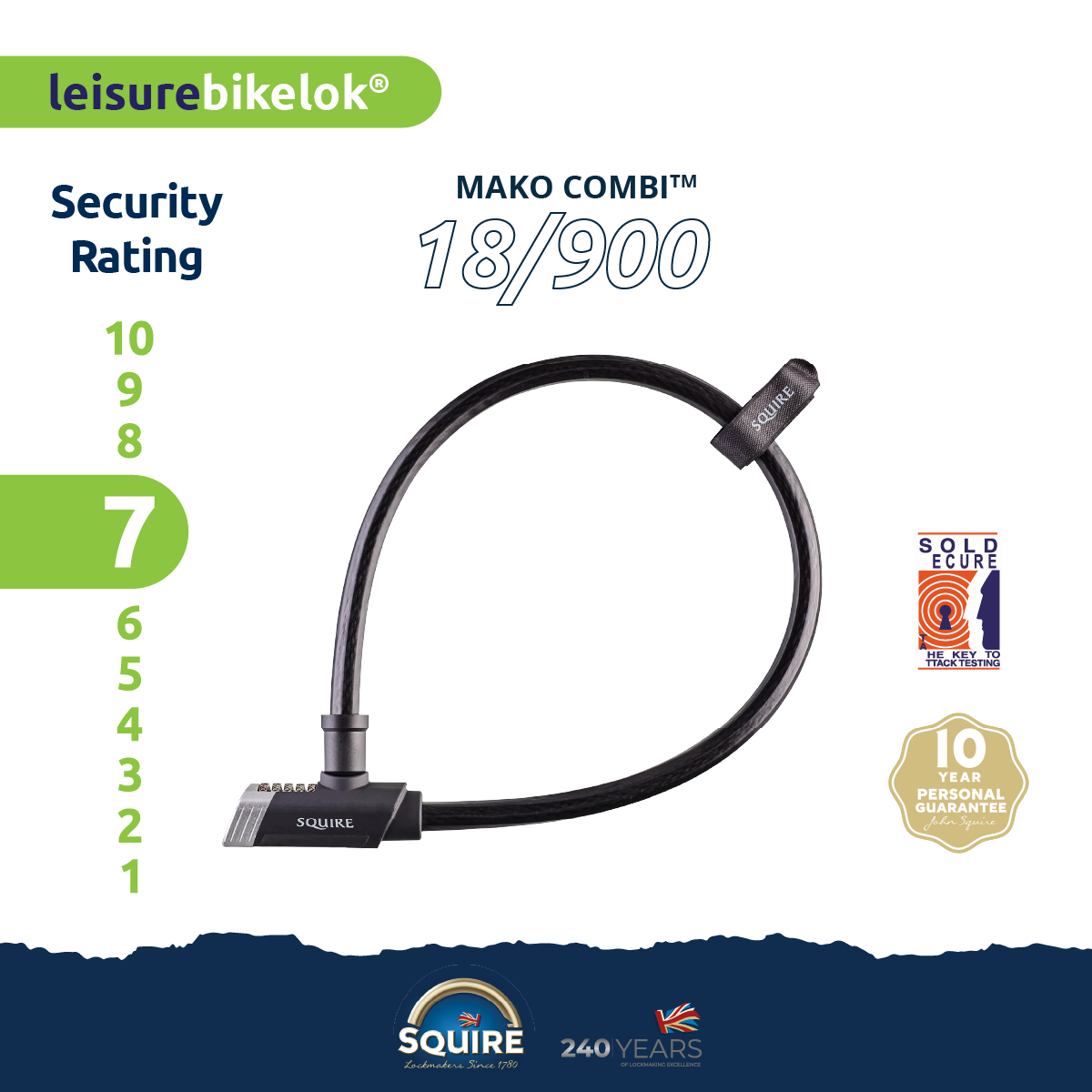 Squire MAKO  Bicycle Integrated Cable Lock | Mako Combi 18/900 spec