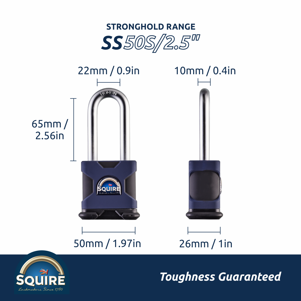 Stronghold Premium Long Open Shackle Padlock | Boron Steel | SS50S/2.5