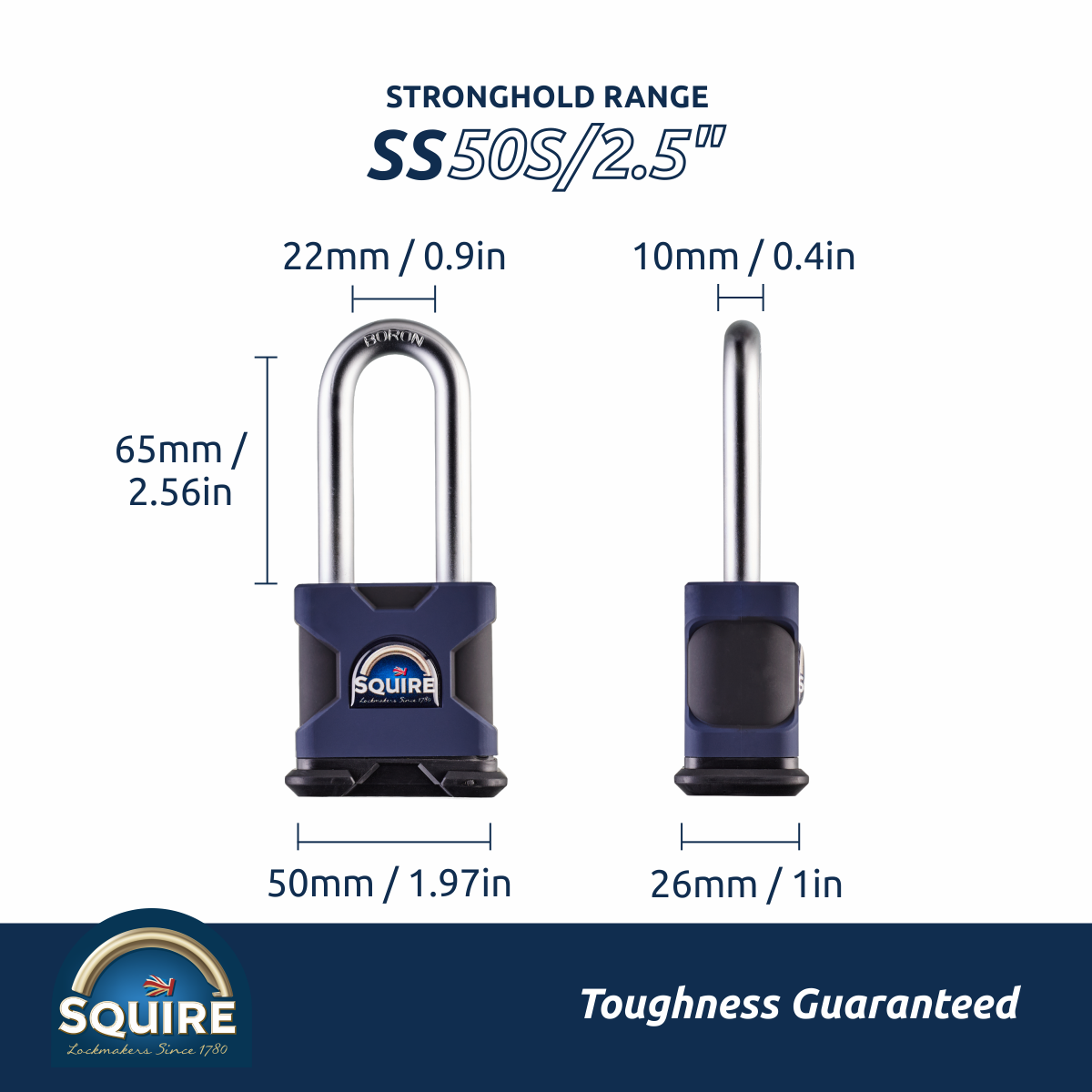 Stronghold SS50S/2.5 Open Long Shackle | Boron Hardened Steel Padlock