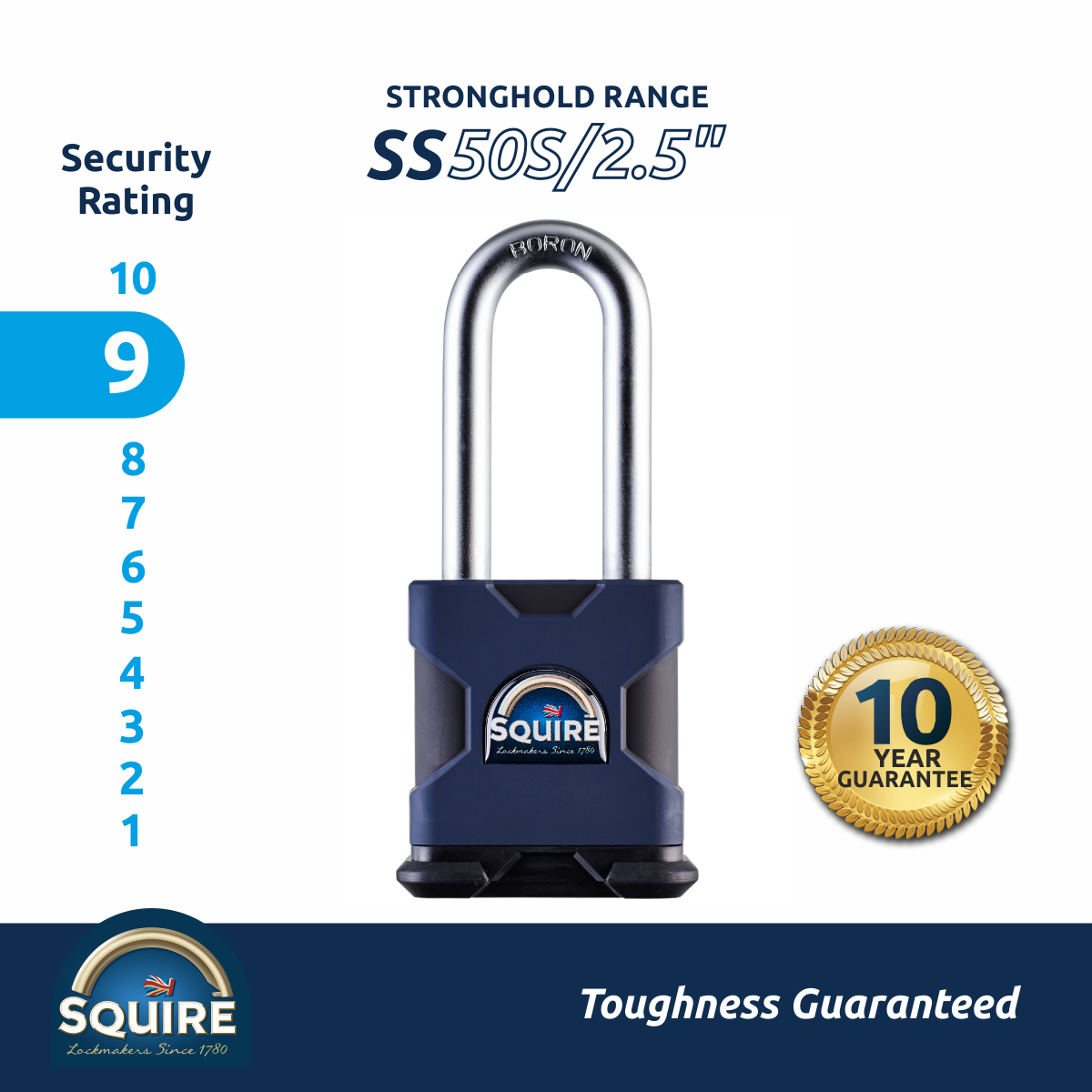 Stronghold Premium Long Boron Shackle Padlock | SS50S/2.5 Keyed Alike